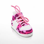 Pink Camo Shoe Pair, three-quarter view. White shoe shell with pink and plum camo panels and pink laces.