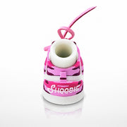 Pink Camo Shoe Pair, heel view with the Shoobie script.