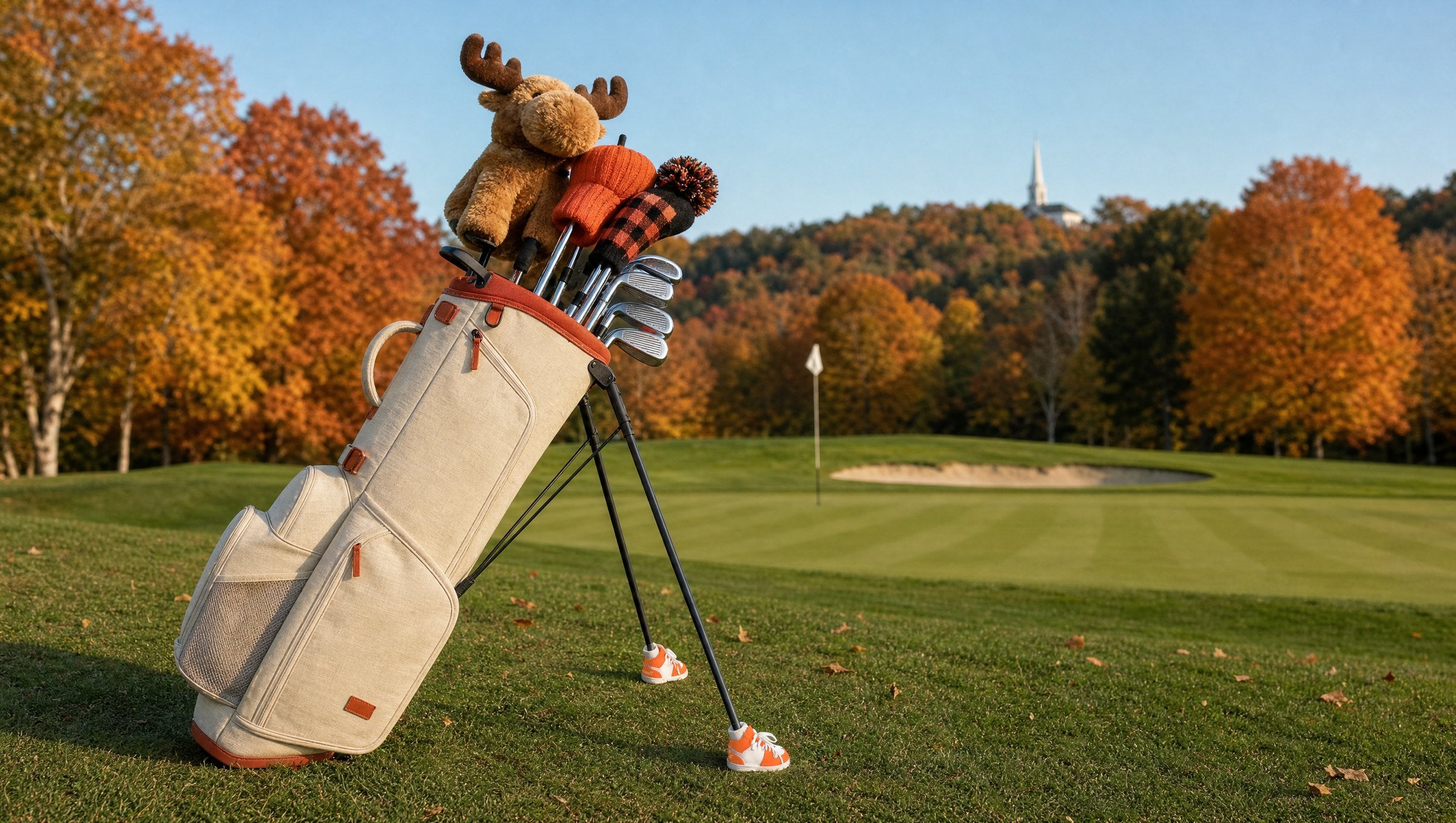 A cream golf bag on the course wearing orange and white Shoobies