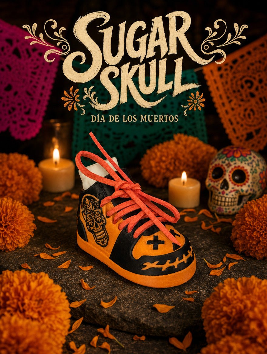 Sugar Skull Shoobie with a jack-o'-lantern toe, sugar skull side artwork and orange laces, surrounded by marigolds, candles and papel picado for Día de los Muertos.